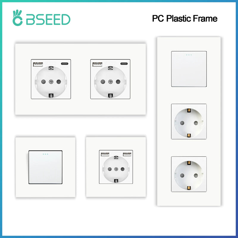 BSEED EU Mechanical Wall Light Switch With Wall Socket 1/2/3Gang 1Way Plastic Panel Double Sockets Triple Power Outlets 250V