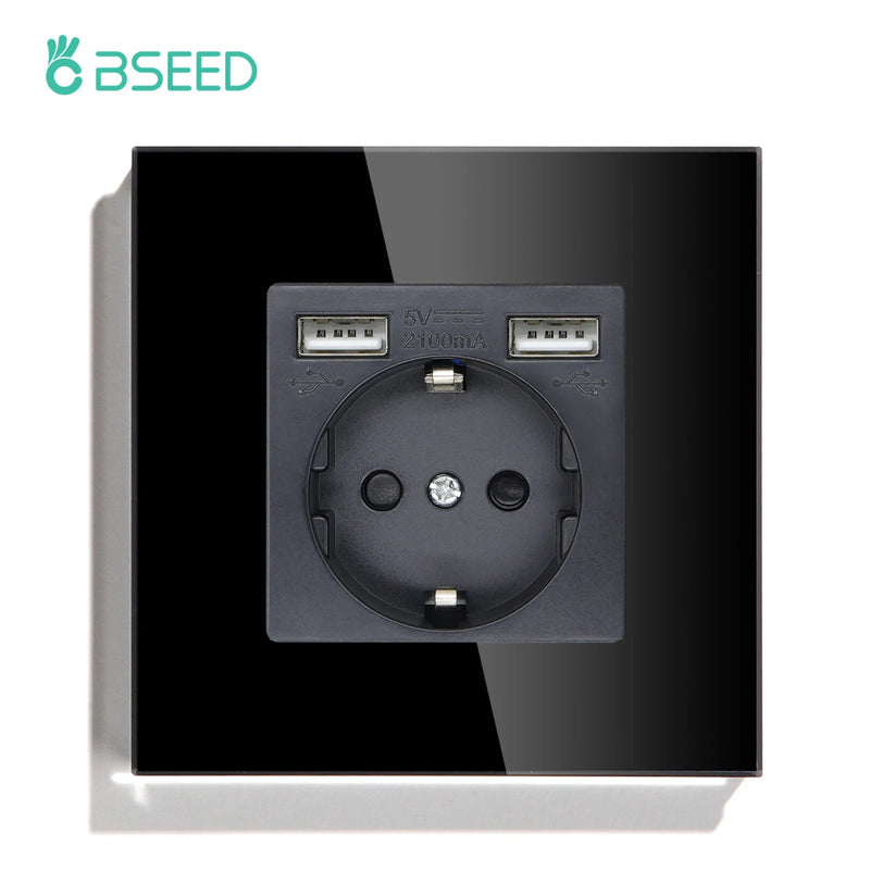 BSEED EU Standard Wall Sockets Single Powerful Outlets Black Double Frame Sockets Glass Panel Triple Sockets Kids Protection 16A