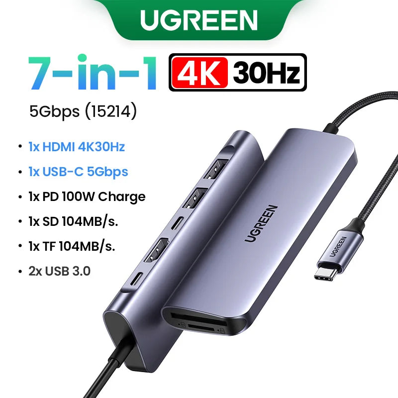 UGREEN USB C HUB 7 in 1 Dock 4K HDMI 100W PD USB-C & 2xUSB-A 5Gbps Data Ports SD/TF Card Reader for Laptop MacBook Pro/Air Dell