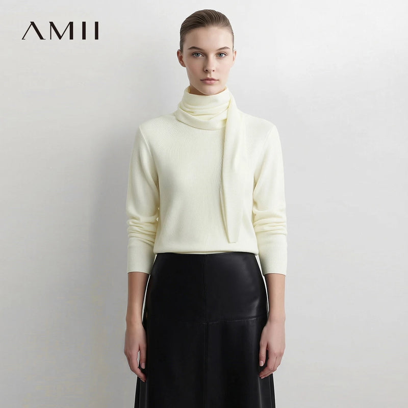 Amii Pullover Scarf Collar Raglan Long Sleeve Sweaters 2026 Autumn Elegant Modern Office Casual Knitted Soft Women Tops 12623083