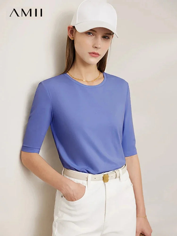 អាវយឺត AMII Minimalism រដូវក្តៅ 2026 សម្រាប់ស្ត្រី អាវកប្បាសថ្មី លាត ដៃអាវពាក់កណ្តាលត្រង់ មូលដ្ឋានរឹង អាវការិយាល័យសម្រាប់នារី 12412016
