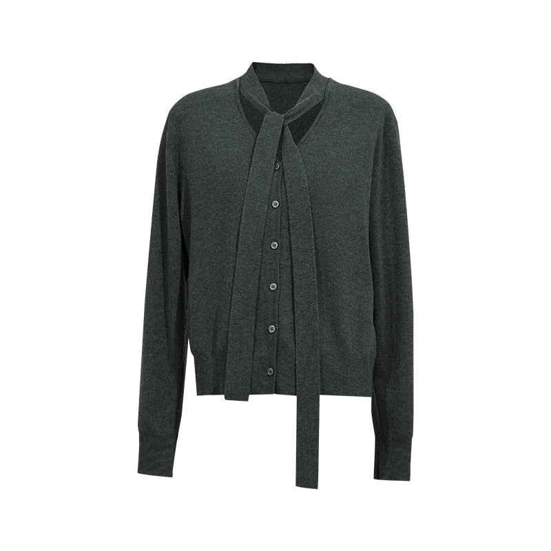 Amii Cardigan Loose Fit V-Neck Tie Detail 2026 Autumn New Office Elegant Single Breasted Long Sleeve Knitted Woman Tops 12643068