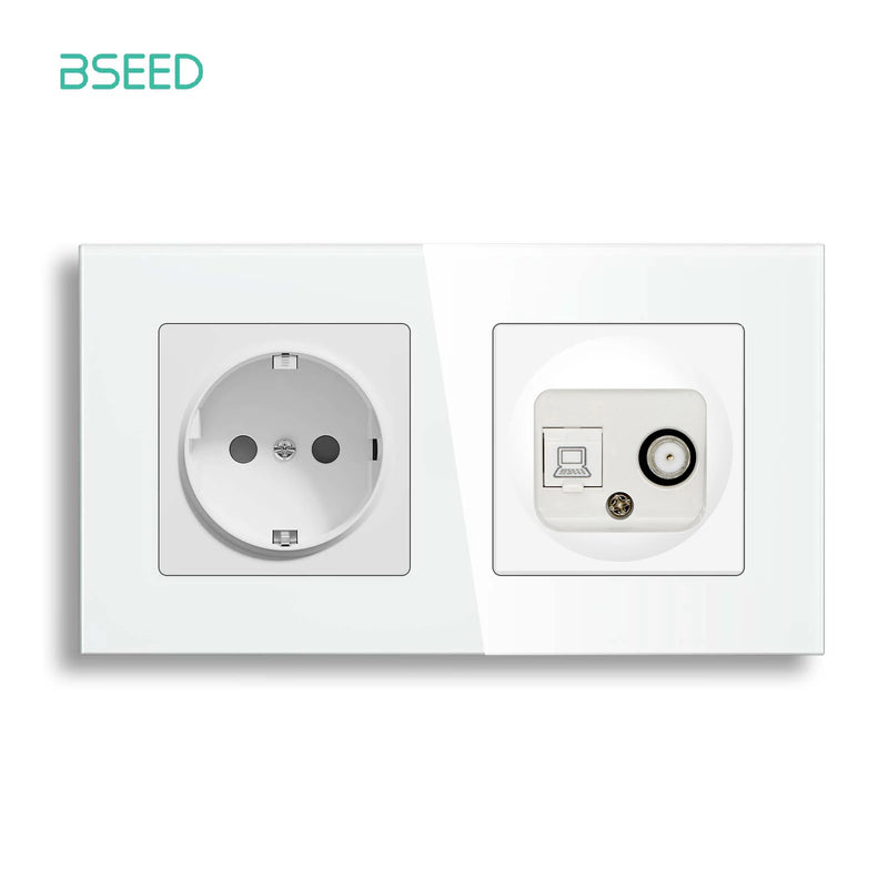 BSEED EU Standrad Wall Power Socket RJ45 Internet Socket Telephone Port Cat6 Socket Glass Panel TV Satellite Electrical Outlets