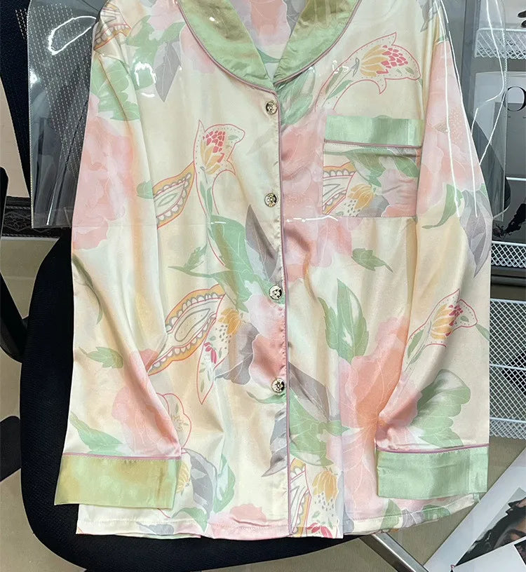 Spring Summer Fresh Printed Women's Pajamas Set New Silk Satin Sleepwear Suit Casual Nightwear Home Wear Female Pyjamas
