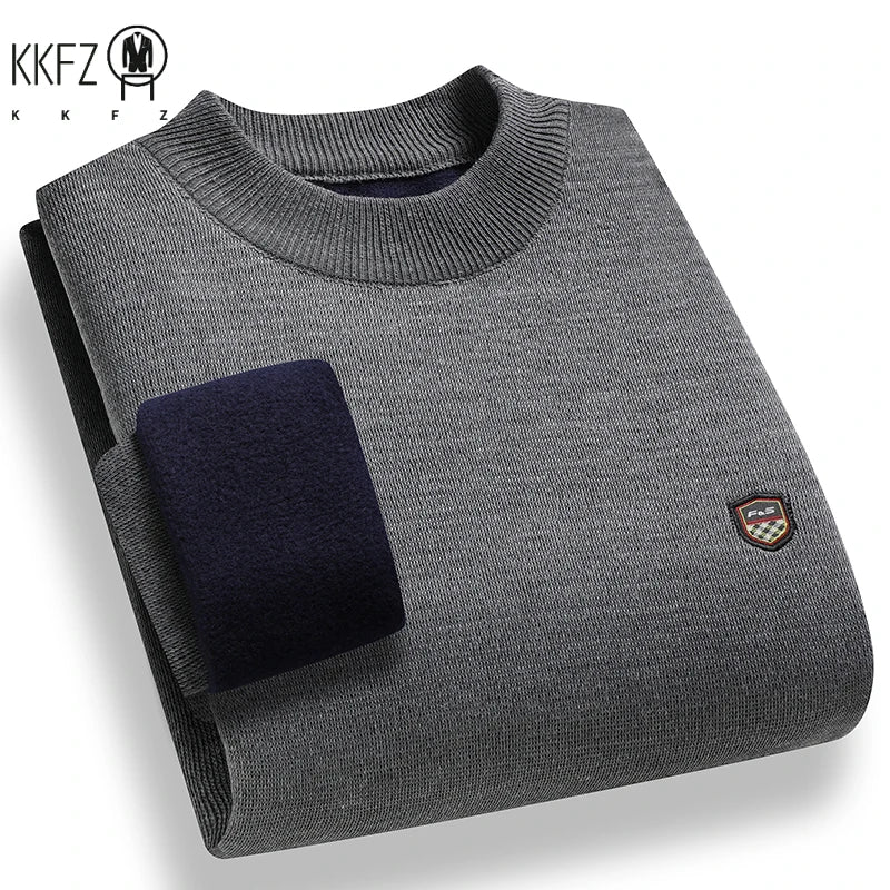 Windproof Men Plain Knitted Sweater Stretch Rib Trim Small Shield Badge Fleece Lined Office Casual Long Sleeve Top