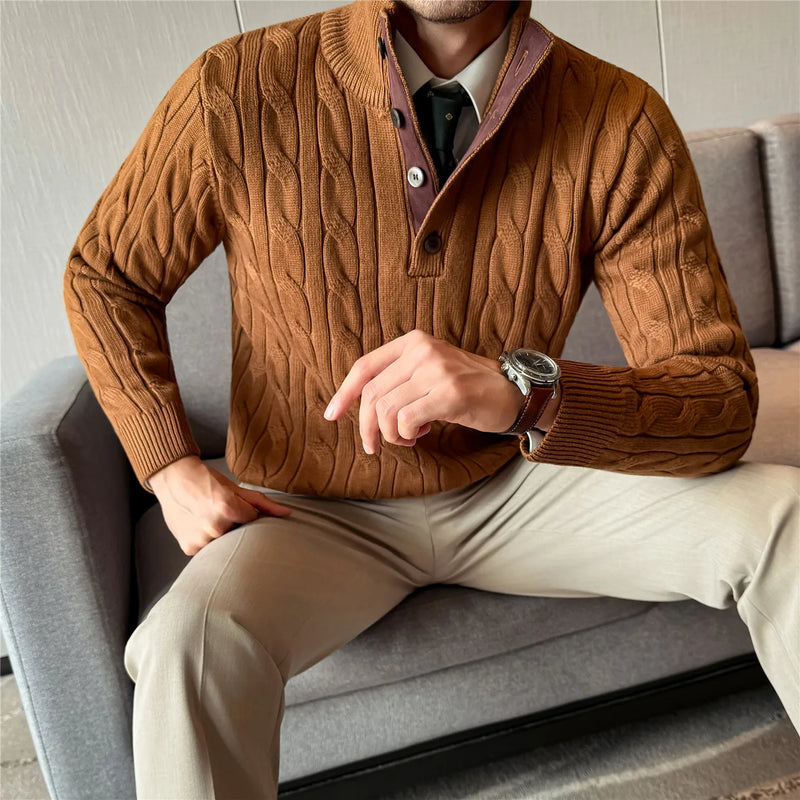 Men's Polo Collar Knit Sweater, Shell Buttons Design, High-quality Wool Blend, Old Money Style
