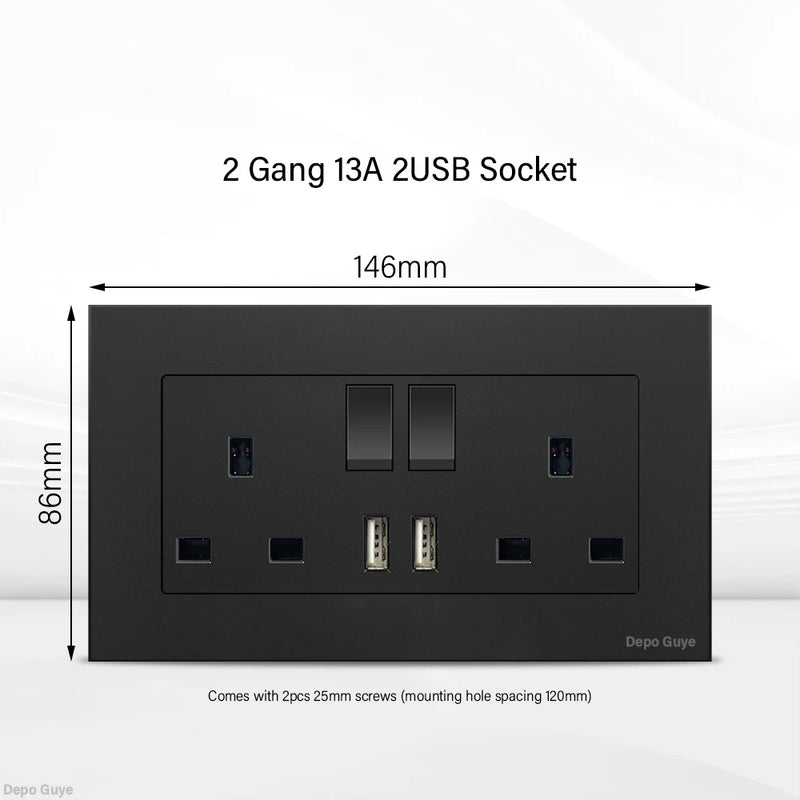 Black UK 13A Wall Socket with USB Type C 18W Quick Charge Plug Socket,Universal Wall power outlet 220V Electrical Light Switch