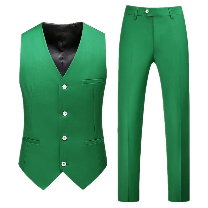 2026 Men's Bright Red V-Neck Sleeveless Vest with Pants, Green Gray Black White Purple Waistcoat and Trousers Asian Size Sets