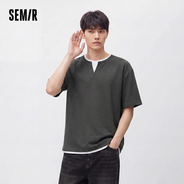 អាវយឺតបុរស Semir ដៃខ្លីក V ពណ៌ Waffle Knit រដូវស្លឹកឈើជ្រុះឆ្នាំ ២០២៦ អាវយឺតរលុងធម្មតាសម្រាប់រាល់ថ្ងៃ