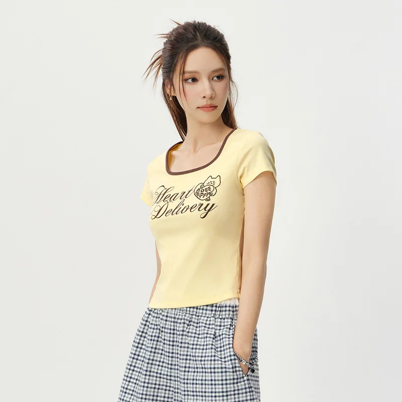 Women Tshirt Color Block Square Neck Short Length Casual Fashion 2026 Summer Sweet Stylish Daily Comfort Wear Top