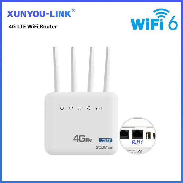 រ៉ោតទ័រវ៉ាយហ្វាយ 4G LTE ម៉ូដឹមវ៉ាយហ្វាយ 6 300Mbps ជាមួយរន្ធដោតស៊ីមកាត ទូរស័ព្ទថេរ Volet WAN/LAN Adaptive Interface គាំទ្រអ្នកប្រើប្រាស់ 32 នាក់