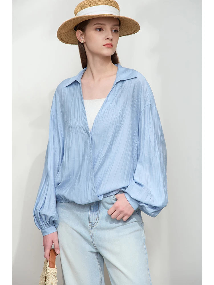 អាវ AMII Minimalist Chiffon សម្រាប់នារី រដូវស្លឹកឈើជ្រុះឆ្នាំ ២០២៦ ថ្មី ធម្មតា អក្សរសាស្ត្រ Lapel V-Neck ដៃអាវរាងចង្កៀង អាវរលុង 12541132