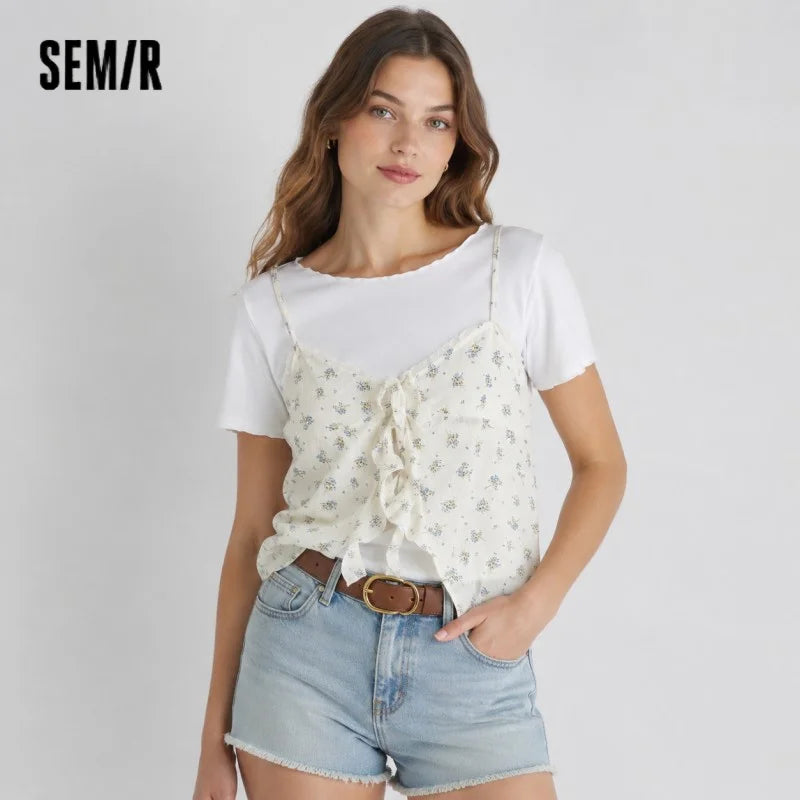 Semir Women Set Short Length Lace Tshirt Floral Textured Slip Vintage Sweet 2026 Summer Casual Fashion Top