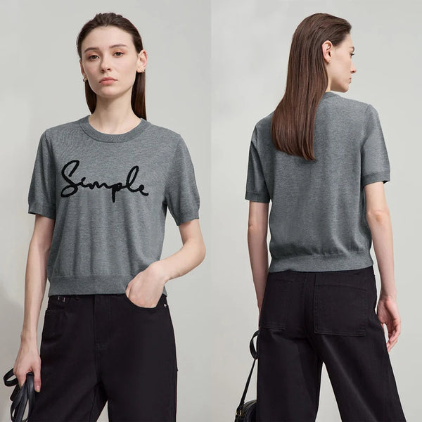 AMII Woman T-Shirts 2026 Summer Letter Jacquard Round Neck Knitted Crop Top Casual Short Sleeve Tee Women Clothes 12523051