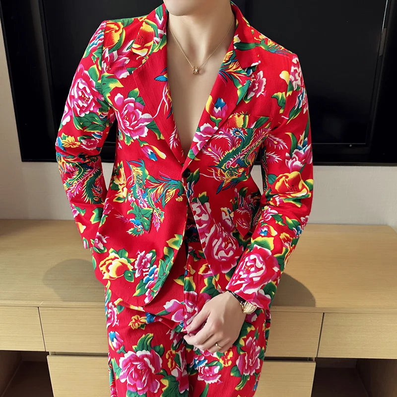 2026 New Men's Blue Printed 2-Piece Suit, Red Single Button V-Collar Cotton Jacket with Trousers.