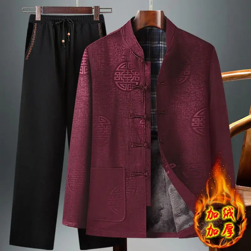 Chinese-style Men's Two-piece Set: Red Jacquard Jacket Paired with Black Embroidered Pants (available in A Thicker Version)