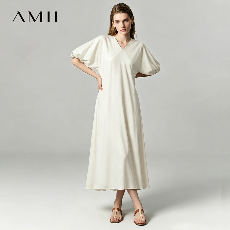 Amii Women’s Dress 2026 Summer New V-Neck Puff Sleeve Loose Fit Maxi Dress Holiday Casual Solid Long Dress For Women 12642166