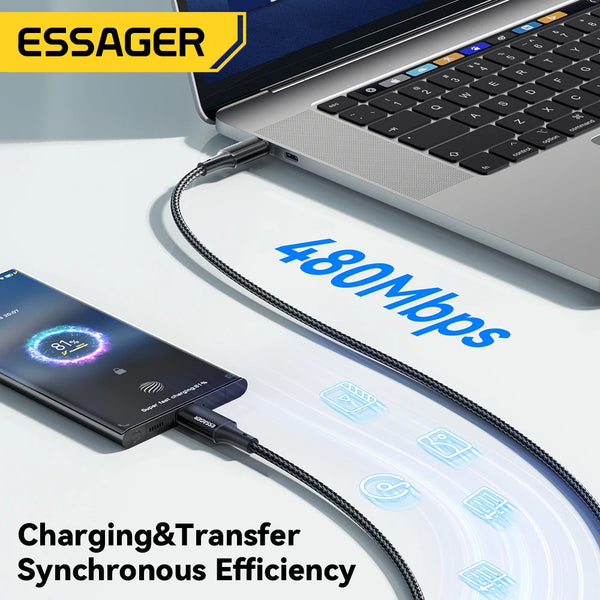 ខ្សែសាក Essager Type C ដល់ Type C 100W PD សាកលឿន USB C ដល់ USB C ខ្សែសាក C ដល់ C សម្រាប់ MacBook iPad Xiaomi Realme POCO