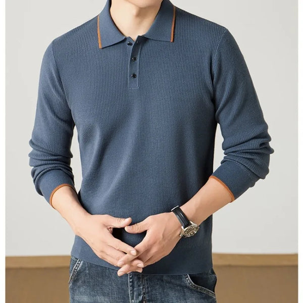 Men's Turn Down Collar T-Shirt, Soft Knit Fabric, Two Color Panel Design, Long Sleeve for Autumn and Winter Wear Polo Sweater