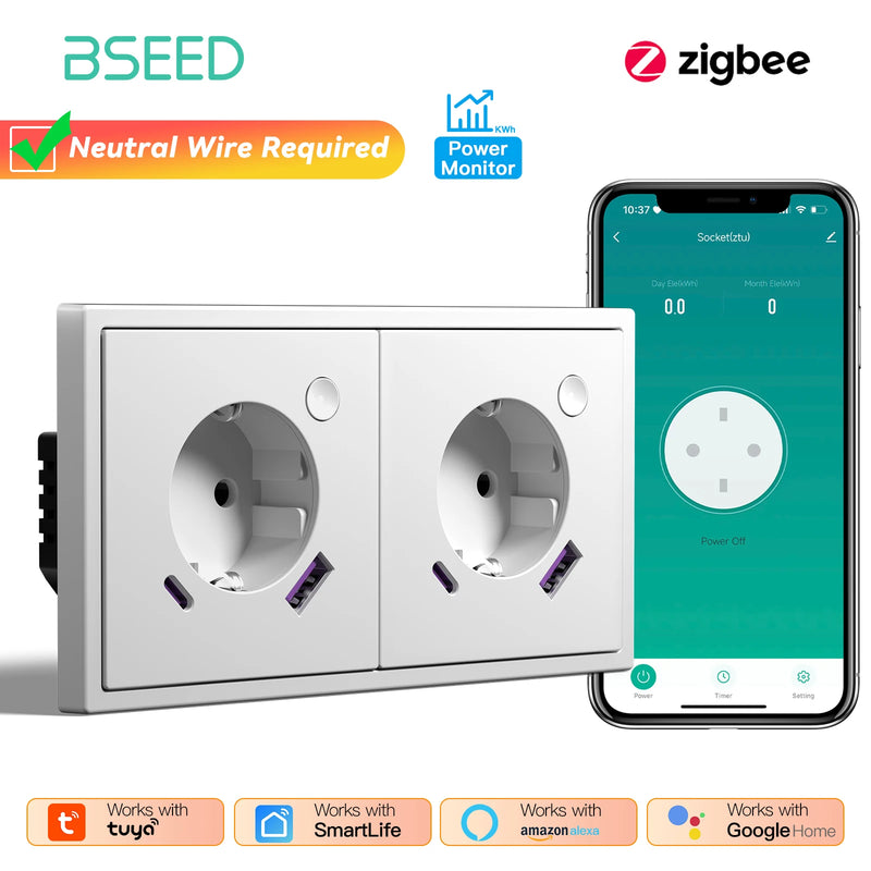 BSEED E Series Zigbee Socket Smart Power Monitor Socket 20W Fast Charge USB Type-C Port Tuya Smart Life Control Plastic Frame