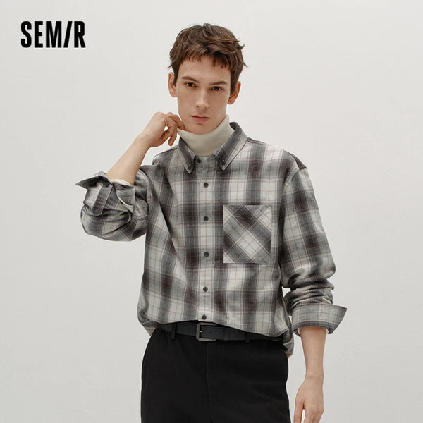 អាវបុរស Semir ក្រណាត់កប្បាស លំនាំក្រឡាចត្រង្គ ដៃវែង ស្លៀកជាស្រទាប់ៗ រដូវរងា ឆ្នាំ២០២៦ រូបរាងប្រចាំថ្ងៃ ផាសុកភាព សម ស្ទីលធម្មតា