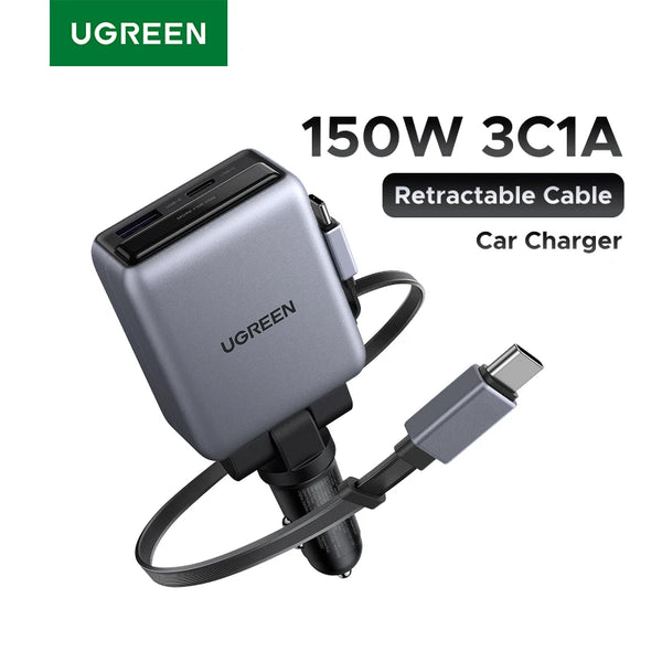 UGREEN 150W Car Charger Built in Dual Retractable Cable  4 Ports Fast Charging  for iPhone 18 17 Samsung Mobile Phone Charger