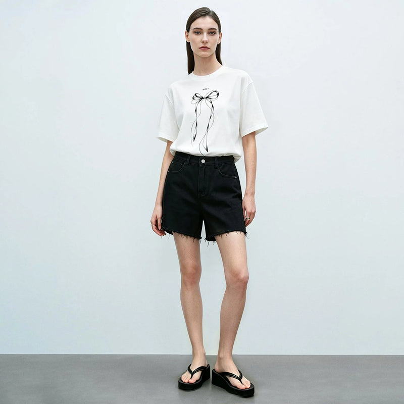 Amii Women's T-Shirt 2026 Summer New Round Neck Bow Print Drop Shoulder Top Women Cotton Casual Loose Short Sleeve Tee 12622041