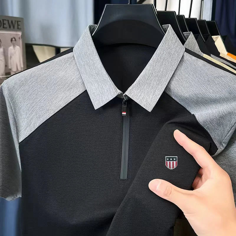 High Quality Summer Men New Short-Sleeved Polo Shirt Lapel Zipper Color Blocking Stamp Korean-Style Leisure Snug Men's Clothing