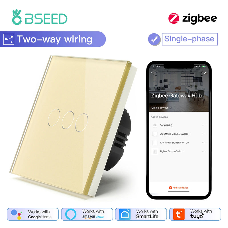 BSEED 1/2/3Gang Smart Zigbee Touch Light Switch 2-Way Control Compatible with Alexa/Google Home No Neutral Wire Touch Switch