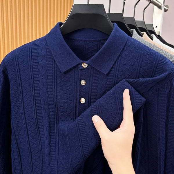 Men's Long Sleeve Waffle Knit Polo Shirt – 100% Cotton, Slim Fit, Business Casual Top for Autumn Winter