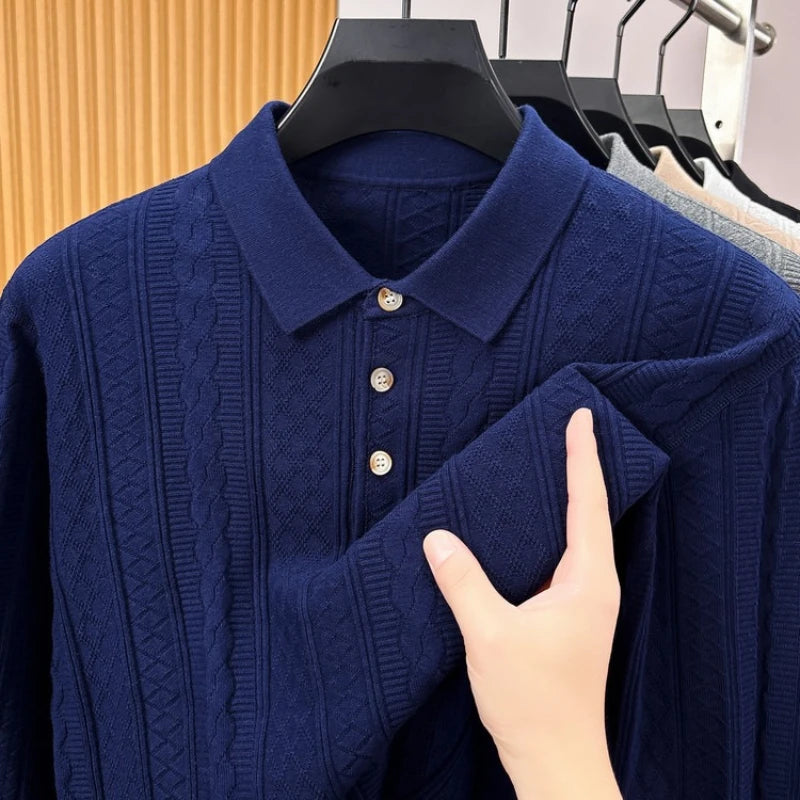 Men's Long Sleeve Waffle Knit Polo Shirt – 100% Cotton, Slim Fit, Business Casual Top for Autumn Winter