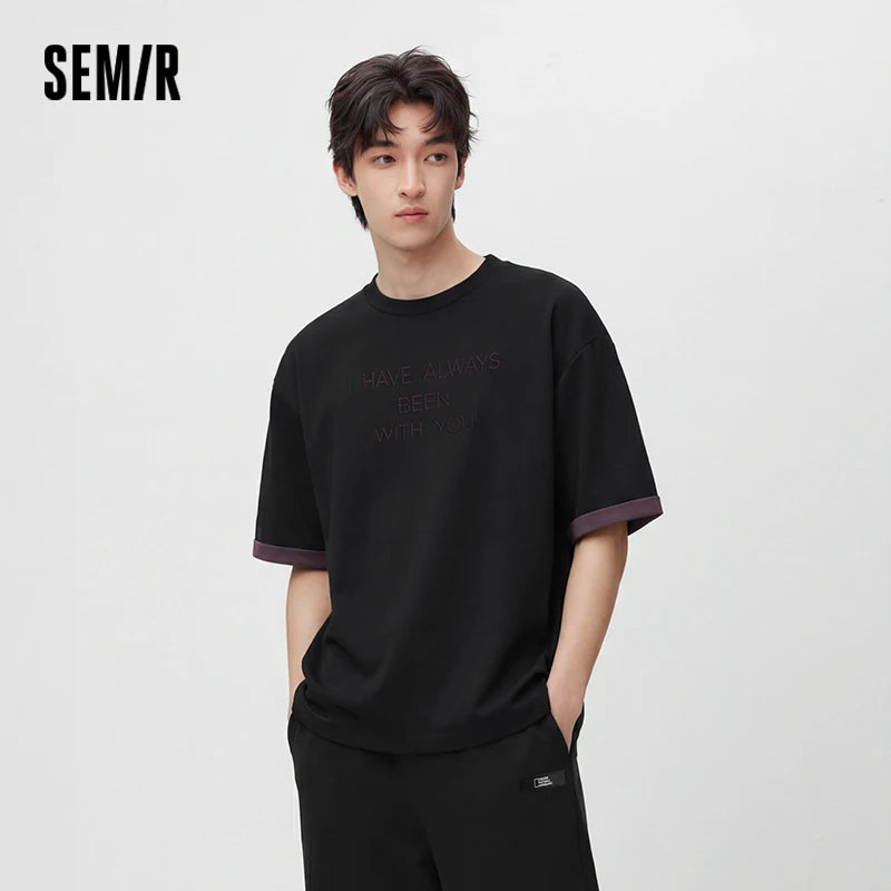 Semir Men Tshirt Minimalist Letter Embroidered Knit Color Block Reversible Loose Crew Neck 2026 Summer Top