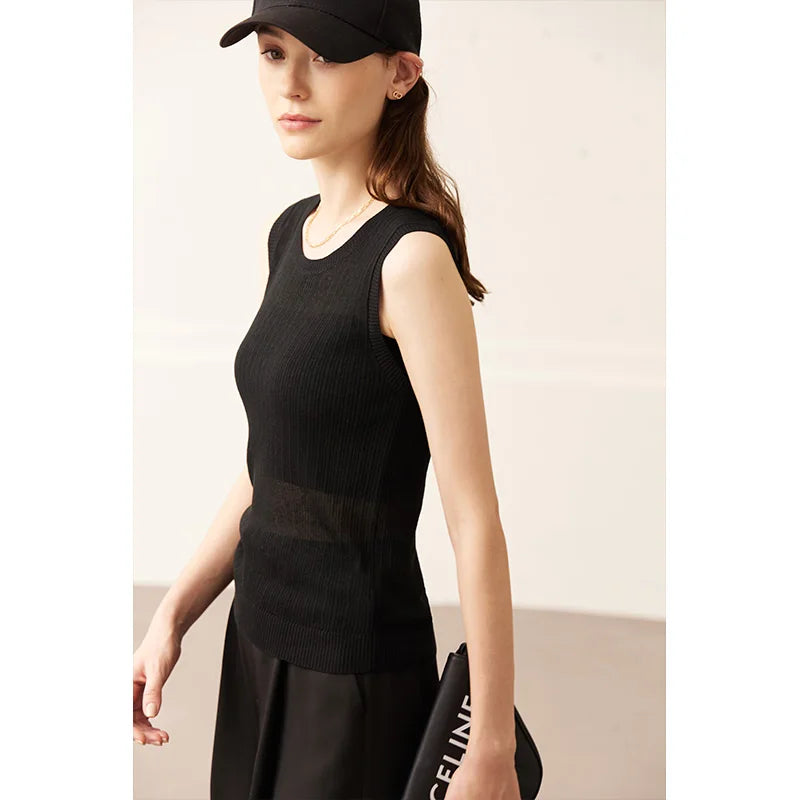 AMII Minimalism 2026 Summer New Woman Clothing Sleeveless O Neck Office Lady Knitted Female Chic Straight Camisole&Vest 72322002