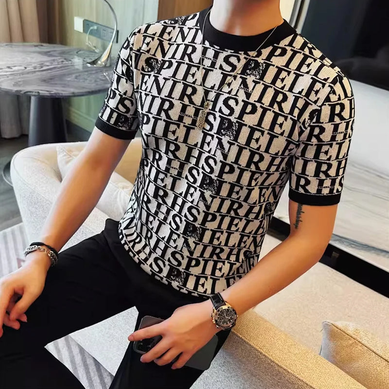 Men's Slim Fit Short Sleeve T-Shirt Casual Round Neck Letter Print Knitted Top