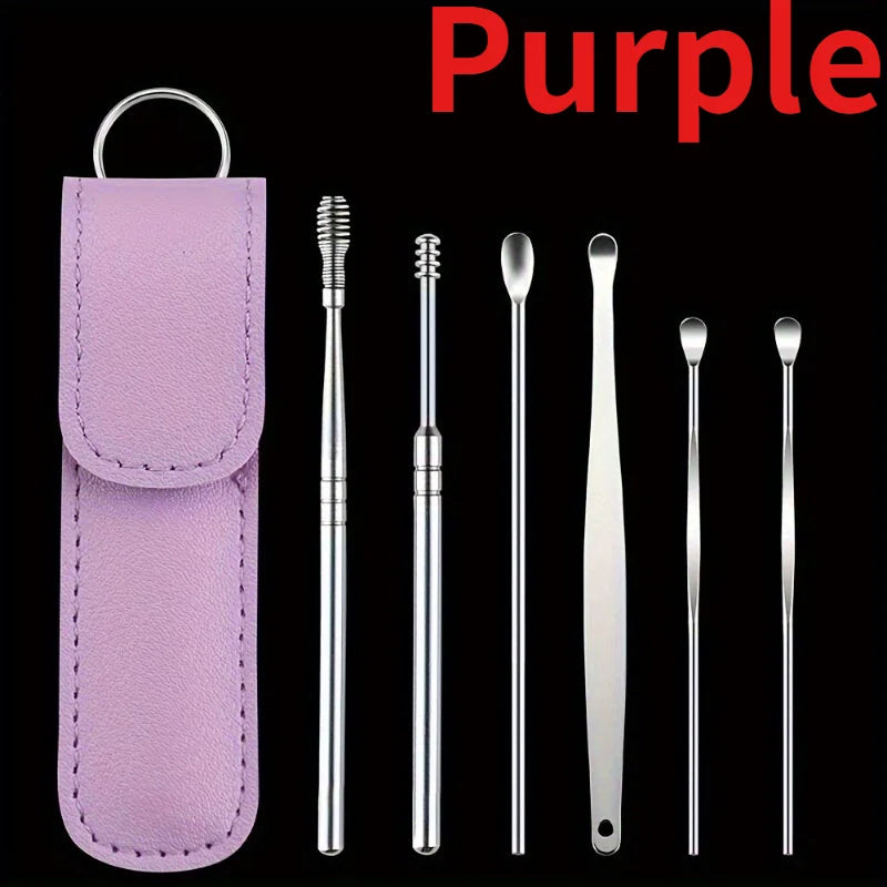 1set Ear Degreaser Tool, Stainless Steel 6 Piece Ear Cleaning Set,Spring Loaded Ear Scoop, Travel Portable Ear Wax Removal Set