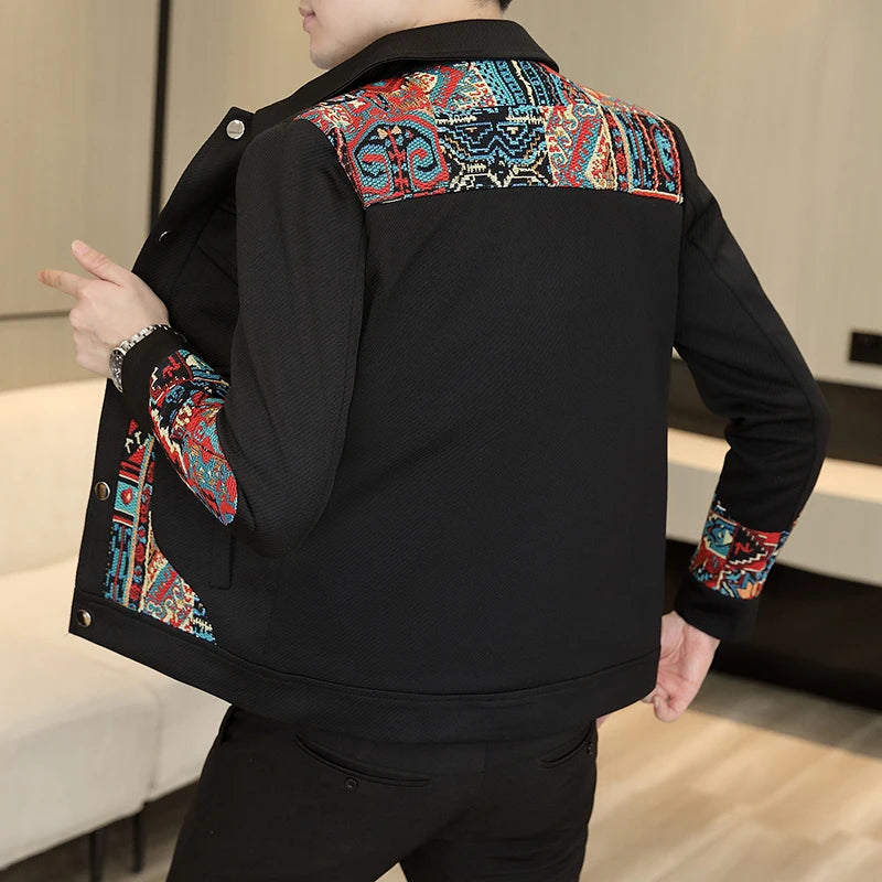 2026 Men's Long-Sleeve Collared Jacket for Fall, Black Patchwork-Detailed Outerwear, Asian Fit Slim-Cut Top Coats.