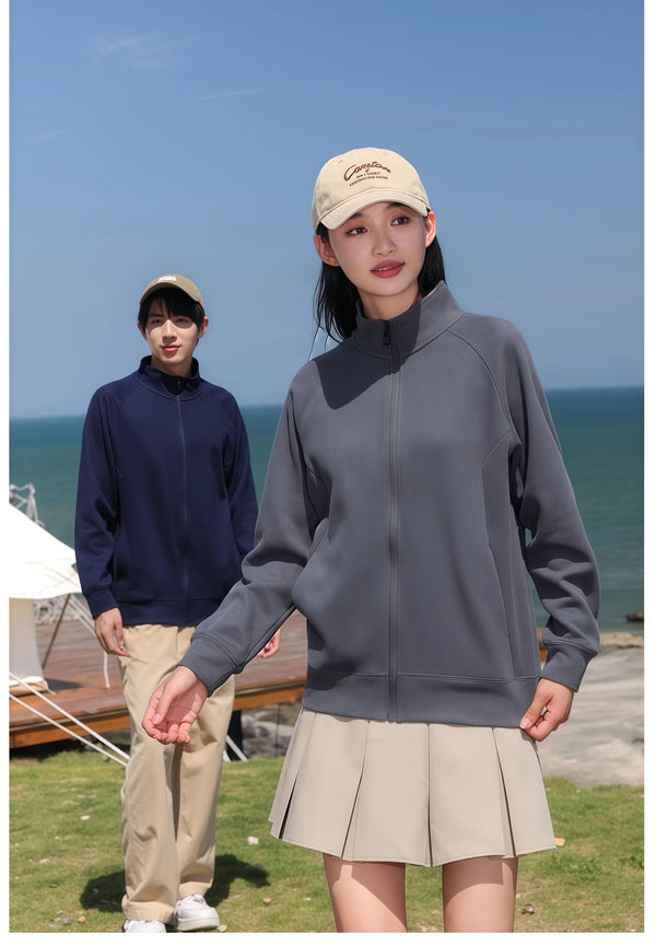 Casual couple style Custom-made loose stand-up collar hoodie solid color zipper jacket  with added fleece for Winter
