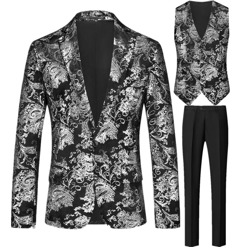 2026 Spring New Men's Three-Piece Suit: Gold-Print Decorated Jacket and Vest Paired with Black Trousers, Asian Fit Slim Cut.