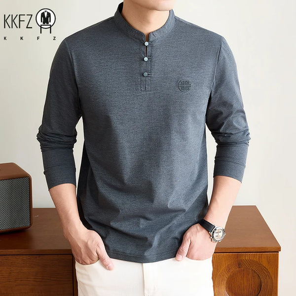 Mens Spring Autumn Henley T Shirt Long Sleeve Mandarin Collar Embossed Logo Breathable Comfort Casual Outfit