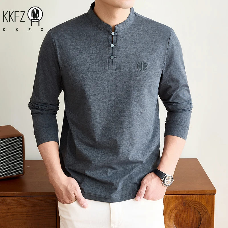 Mens Spring Autumn Henley T Shirt Long Sleeve Mandarin Collar Embossed Logo Breathable Comfort Casual Outfit