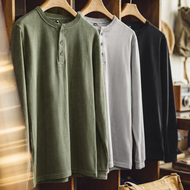អាវបុរស Maden Henley ដៃវែង អាវក្រៅមានស្រទាប់ក្រណាត់ Fleece រាងស្លីម ស្រទាប់ពណ៌ធម្មតា អាវក្រៅធ្វើការ រដូវស្លឹកឈើជ្រុះ