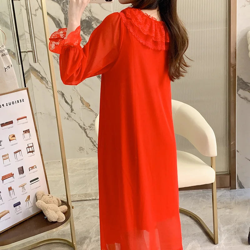 Court Princess Nightgowns Modal Spring Autumn Medium Long Pajamas Dress Lace Mesh Loungewear Nightdress Women Sleepwear