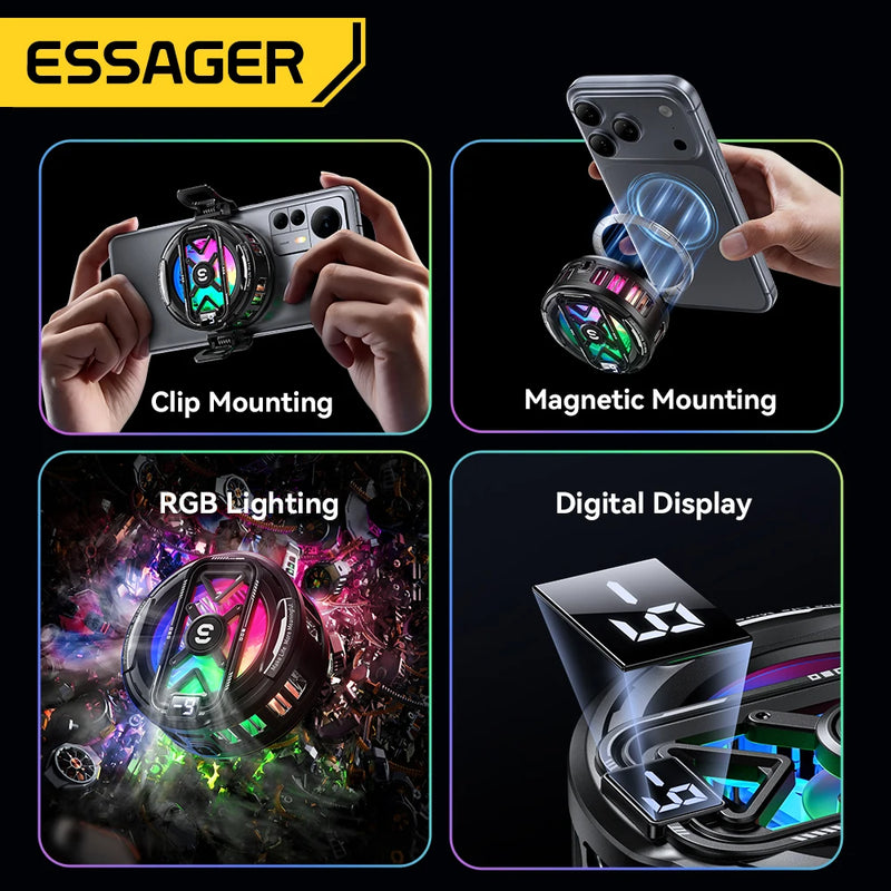 ម៉ាស៊ីនត្រជាក់ Essager ម៉ាញេទិកបង្ហាញឌីជីថល ត្រជាក់លឿនសម្រាប់ iPhone 17 លេងហ្គេម/ផ្សាយផ្ទាល់/មើលវីដេអូច្រើនម៉ោង