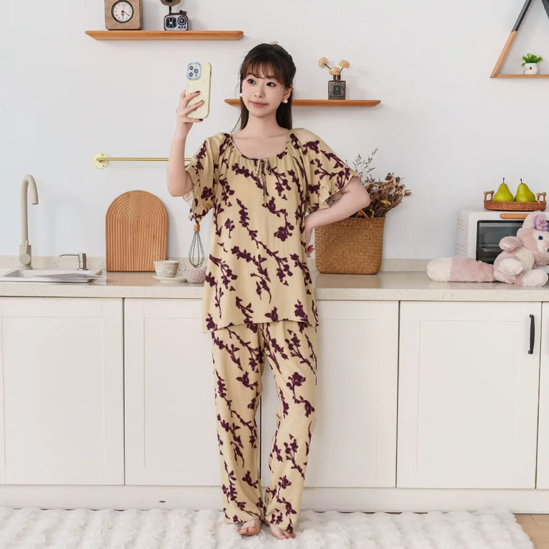 Thin Summer Wear Short Sleeve Home Suit For Women Pajamas Ladies Two-piece Set Pyjama Femmes Floral 2PCS Women's Pajamas Set