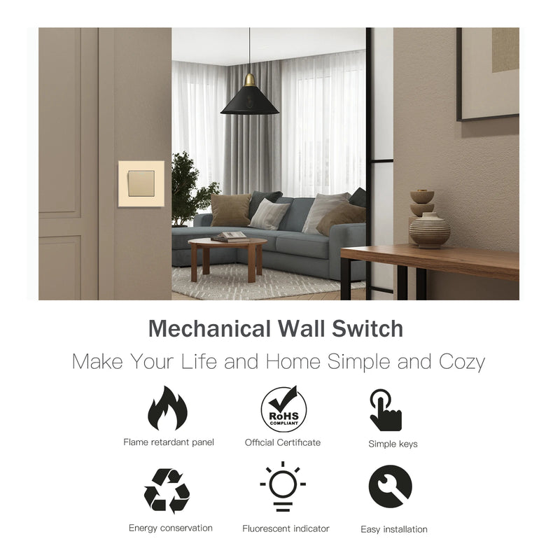 BSEED 1/2/3Gang 1Way Mechanical Light Switch Plus Electrical Outlets Plastic Frame Wall Switch On Off Power Socket
