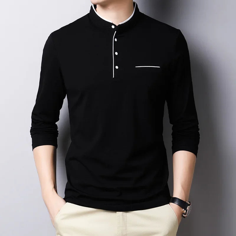 Men's Korean Style Business Casual Long Sleeve T-Shirt Three Button Stand-up Collar Comfortable Versatile Top for Men