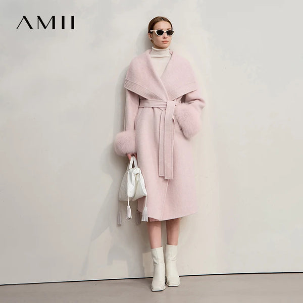 AMII Women's Coat 2026 Winter New Loose Long Versatile Women's Clothing With Belt Long Sleeve Wool Warm Elegant Jacket 12524040