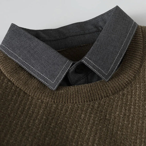 Premium Quality Man Fake Two Long Sleeved Knitted Shirts Solid Color Shirt Collar Stripes AutumnWinter Leisure Versatile Sweater