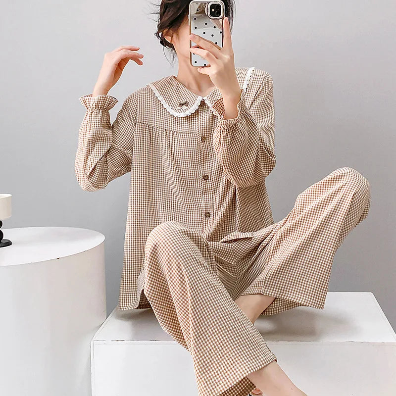 Autumn Sleepwear Plaid Print Pyjama Set 2 Pieces Loungewear Women Suit Long Sleeve Top with Elastic Pants Women's Nightwear