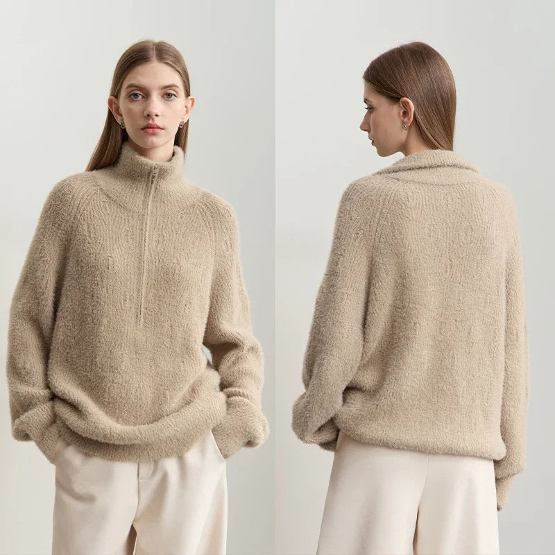 អាវយឺត Amii Turtleneck មានខ្សែរ៉ូត ពាក់កណ្ដាលបើក ធ្វើពីរោមចៀមសិប្បនិម្មិត ម្ជុល អាវក្រៅ 2025 រដូវរងា សម្រាប់នារី ដៃអាវរលុង 12444266